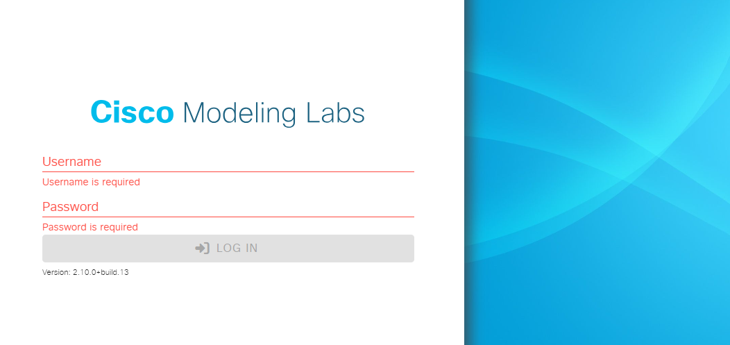 Cisco Modeling Labs login screen for CML 2.10.0 build 13.