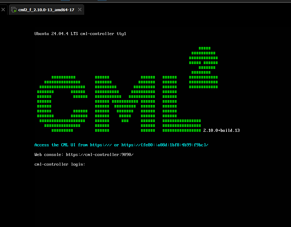 CML controller console in VMware showing the Ubuntu login prompt and CML web console address.