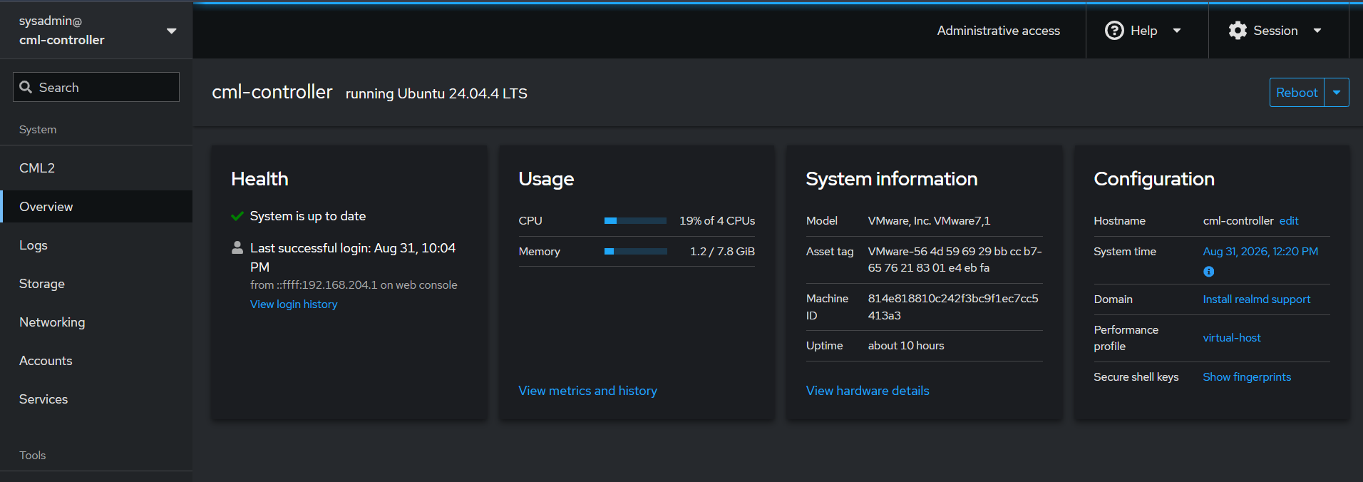 Cockpit overview for the CML virtual machine.