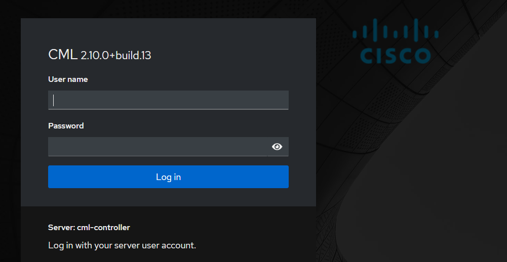Cockpit login screen for the CML controller.