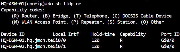 HQ-ASW-01 show LLDP neighbors output listing HQ-DSW-01 and HQ-DSW-02 with their connected interfaces.