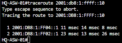 HQ-ASW-01 IPv6 traceroute to HQ-EDGE-01 completing through HQ-DSW-02 after the DSW1 failure.