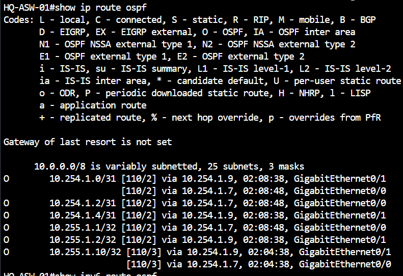 HQ-ASW-01 IPv4 routing table showing learned OSPF routes.