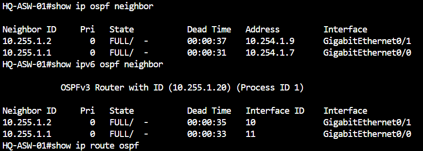 HQ-ASW-01 terminal output showing OSPF IPv4 and IPv6 neighbour adjacencies.