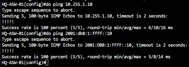 HQ-ASW-01 ping test output to HQ-EDGE-01 using OSPF-learned routing.