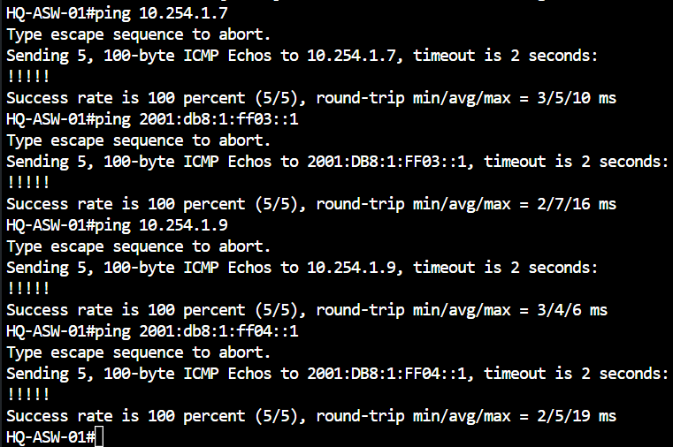 HQ-ASW-01 terminal output showing successful IPv4 and IPv6 pings to the routed transit interfaces on both distribution switches.