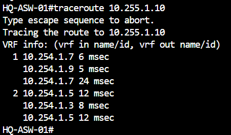 HQ-ASW-01 traceroute to HQ-EDGE-01 showing alternating first-hop and second-hop addresses across active equal-cost paths.