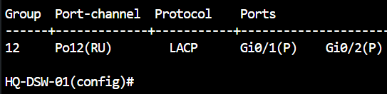 HQ-DSW-01 terminal output showing LACP port-channel status.
