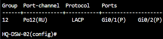 HQ-DSW-02 terminal output showing LACP port-channel status.