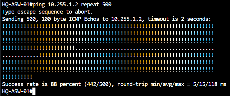 HQ-ASW-01 continuous ping showing packet loss during the one-sided LACP member shutdown test.