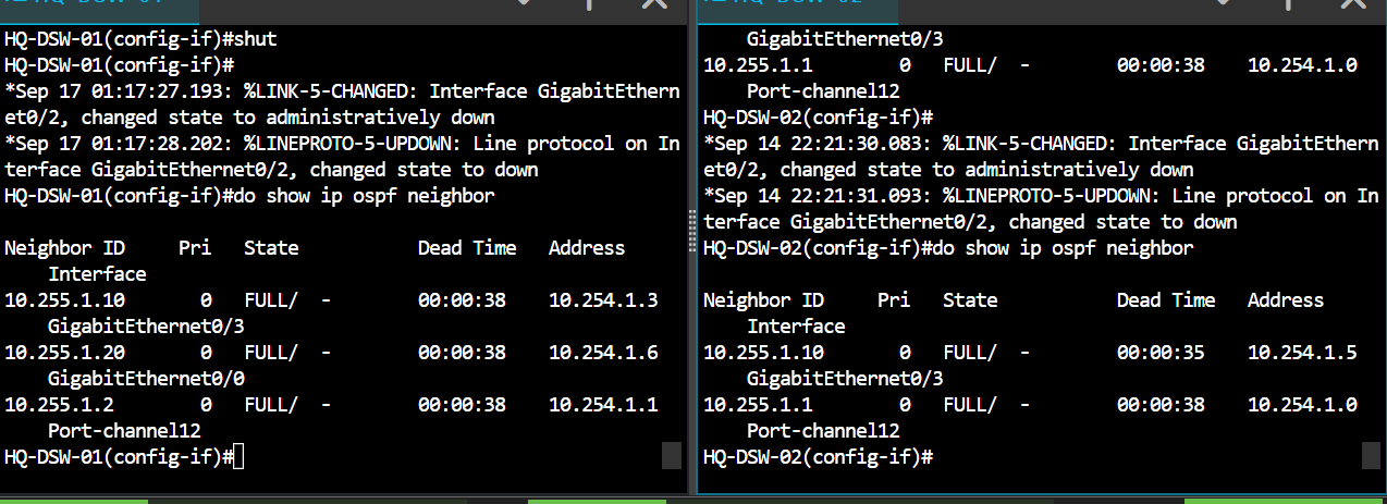 OSPF neighbor output on both distribution switches showing the Port-channel12 adjacency remains FULL after the controlled member-removal test.