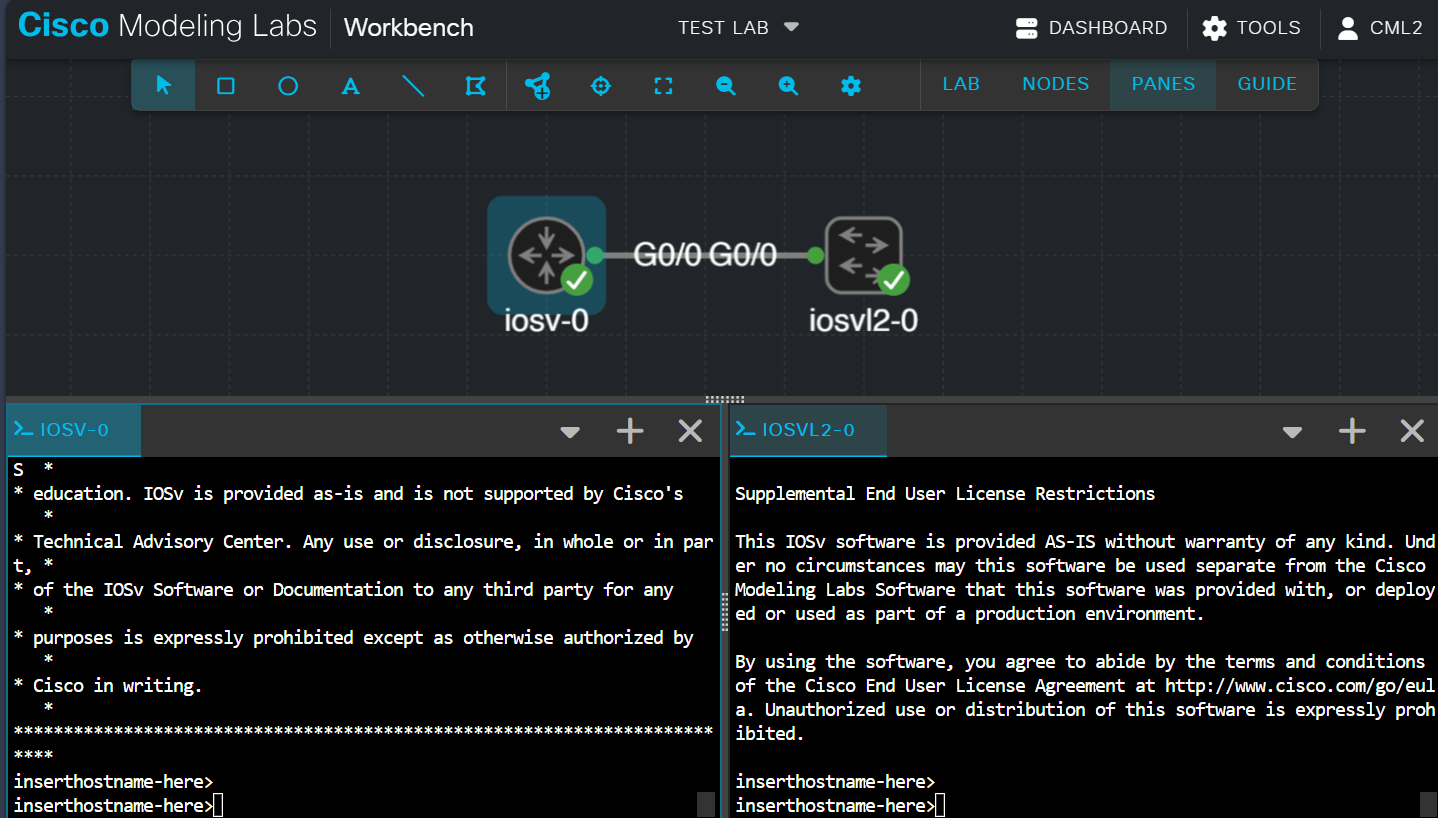 CML workbench showing a linked IOSv router and IOSvL2 switch with both device consoles open.