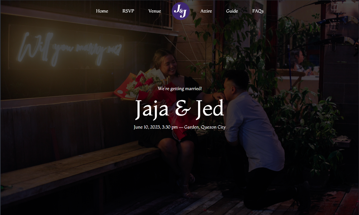 Landing page preview of the wedding website
